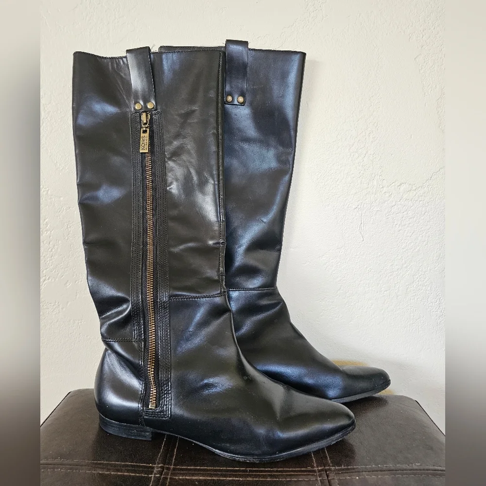 Michael Kors Zipper Accent Black All Leather Knee-High Grunge Rider Boots Sz 8.5